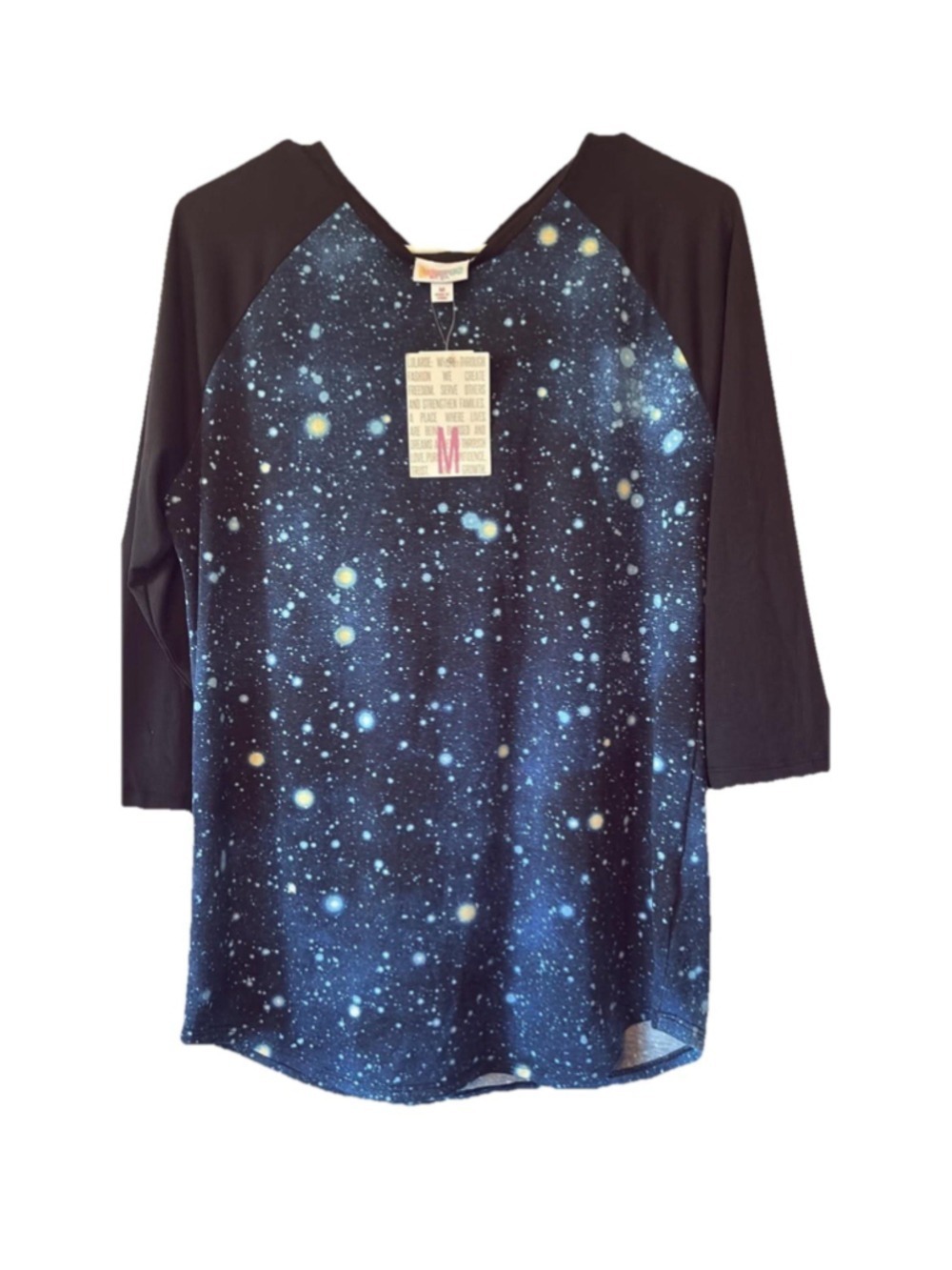 LuLaRoe Randy Medium M Galaxy Space Stars Raglan Baseball Tee New With Tags NWT